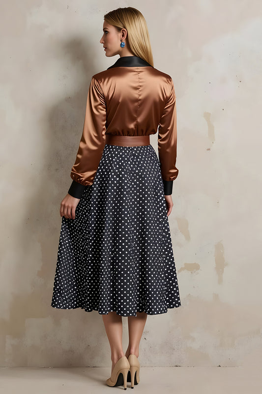 Brown Black Dots Collar Neck A Line 2 Piece Midi Workwear with Belt
