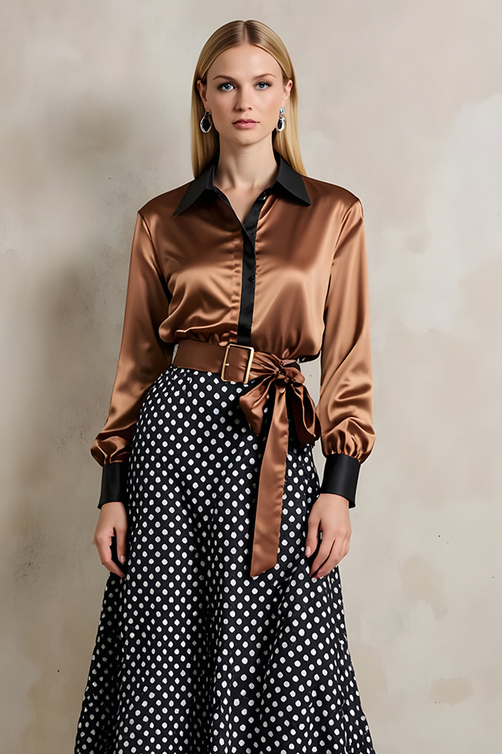 Brown Black Dots Collar Neck A Line 2 Piece Midi Workwear with Belt Brown Black Dots Collar Neck A Line 2 Piece Midi Workwear with Belt