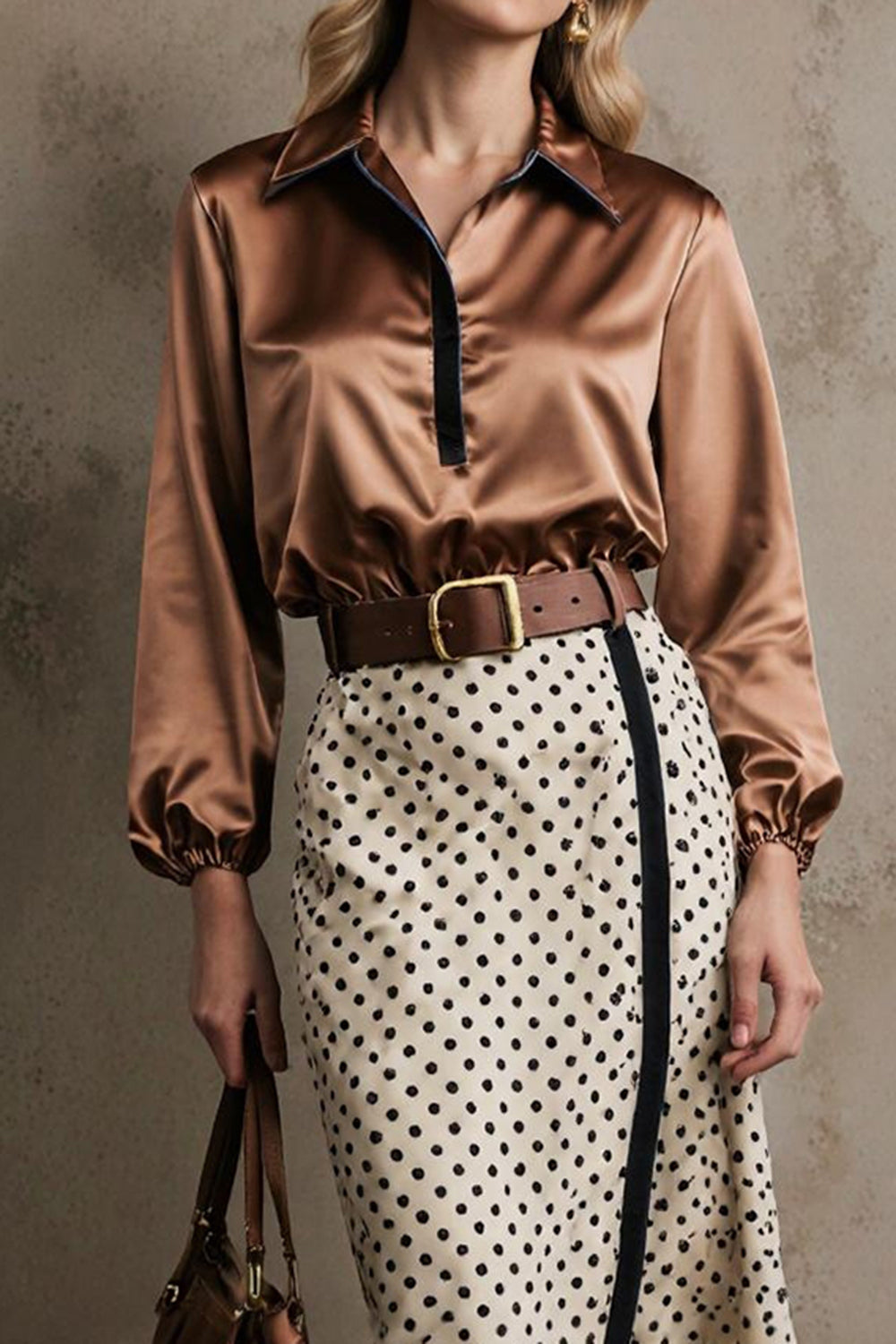 Brown White Dots Collar Neck Pencil 2 Piece Midi Workwear with Belt Brown White Dots Collar Neck Pencil 2 Piece Midi Workwear with Belt