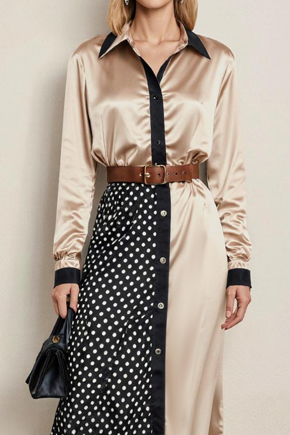 Champagne Collar Neck Long Sleeves Pencil Midi Work Dress with Belts Champagne Collar Neck Long Sleeves Pencil Midi Work Dress with Belts