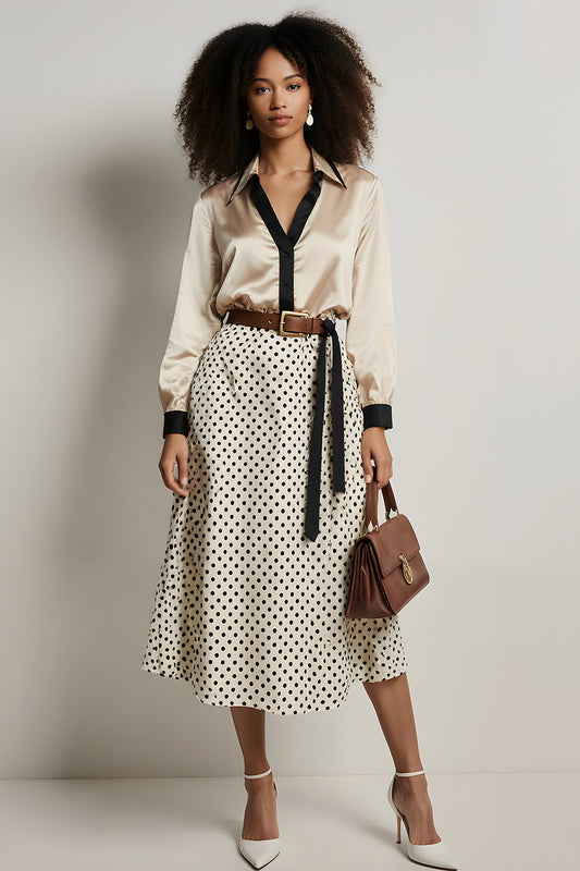 Champagne 2 Piece Satin A-Line Long Sleeves Midi Workwear