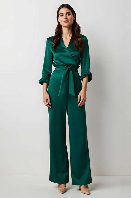 Dark Green Satin V-Neck Long Sleeves Business Jumpsuits
