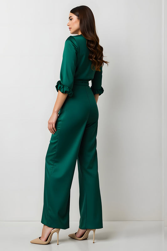 Dark Green Satin V-Neck Long Sleeves Business Jumpsuits