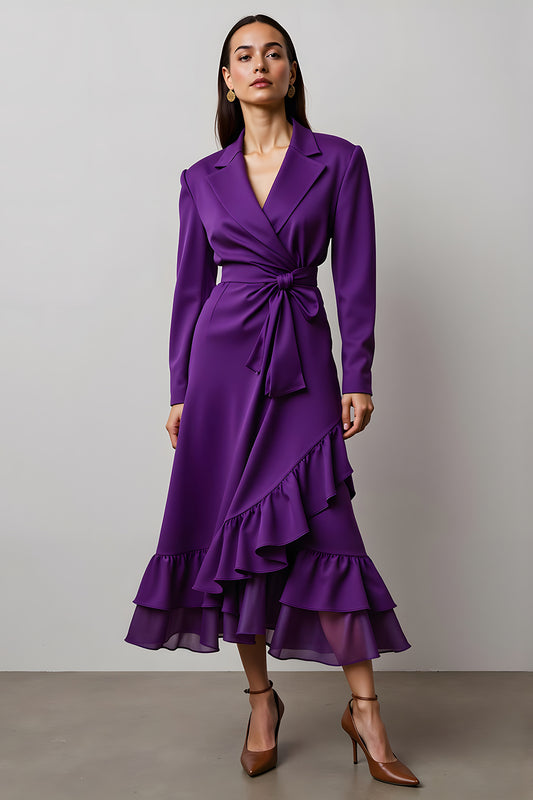 Dark Purple Notched Lapel Long Sleeves Work Dress with Ruffles