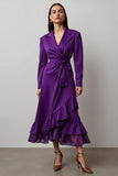 Dark Purple Notched Lapel Long Sleeves Work Dress with Ruffles Dark Purple Notched Lapel Long Sleeves Work Dress with Ruffles