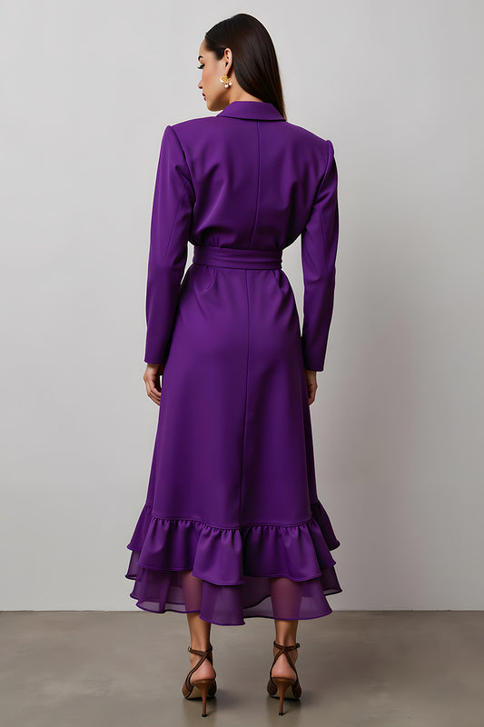 Dark Purple Notched Lapel Long Sleeves Work Dress with Ruffles
