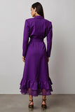 Dark Purple Notched Lapel Long Sleeves Work Dress with Ruffles Dark Purple Notched Lapel Long Sleeves Work Dress with Ruffles