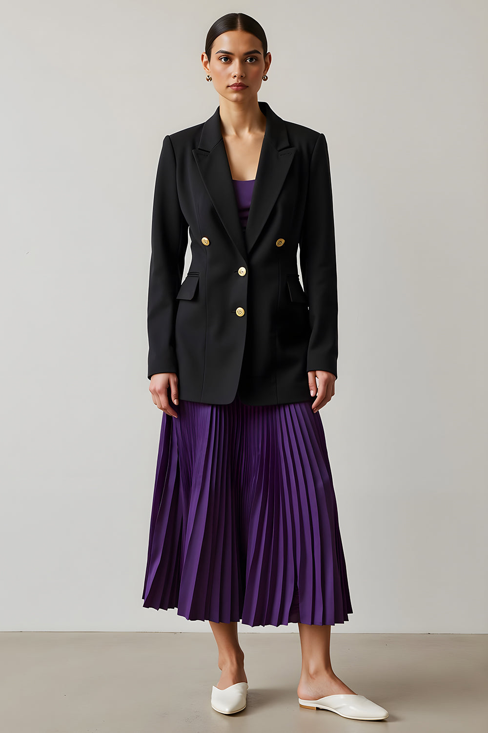Black and Purple 2 Piece Peak Lapel Long Sleeves A-Line Pleated Business Suits Black and Purple 2 Piece Peak Lapel Long Sleeves A-Line Pleated Business Suits
