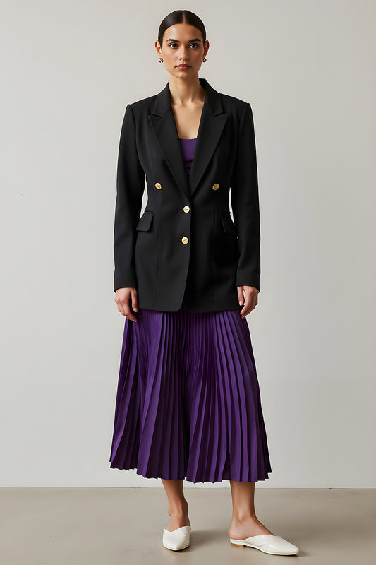 Black and Purple 2 Piece Peak Lapel Long Sleeves A-Line Pleated Business Suits