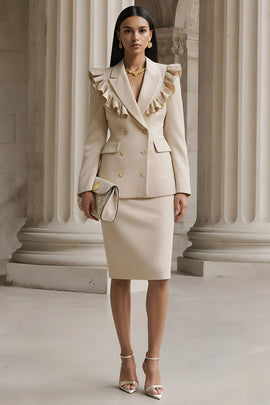 Champagne 2 Piece Peak Lapel Long Sleeves Pencil Skirt Business Suits
