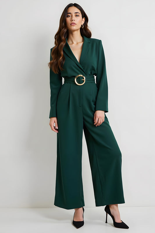 Dark Green Notched Lapel Long Sleeves Business Jumpsuits