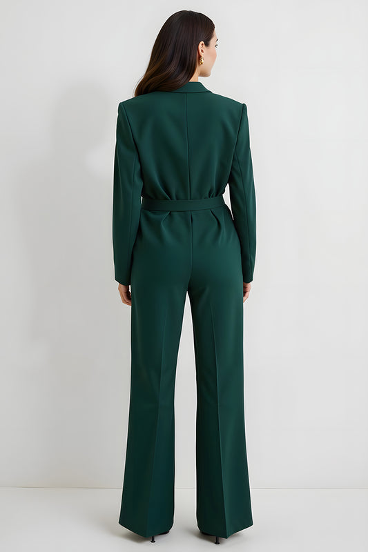 Dark Green Notched Lapel Long Sleeves Business Jumpsuits