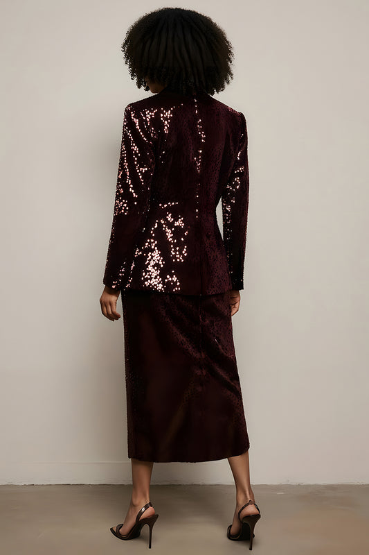 Sparkly Burgundy 2 Piece Sequin Peak Lapel Long Sleeves Prom Suits