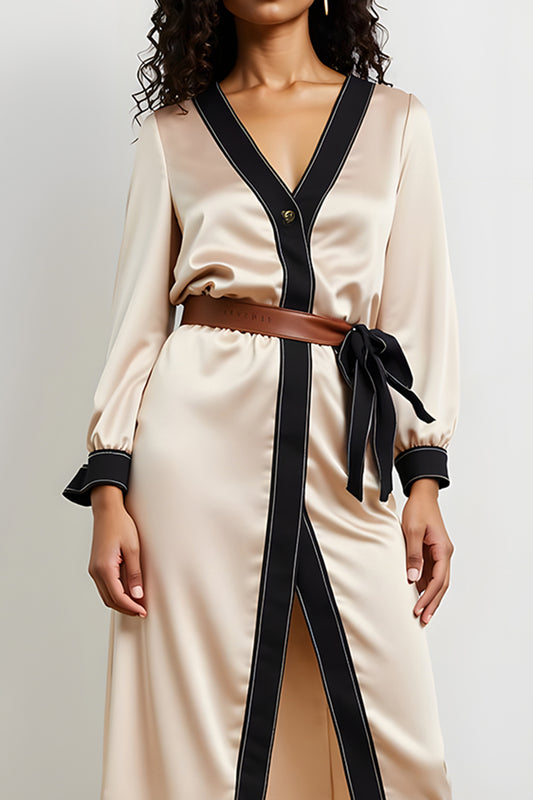Champagne V-Neck Pencil Long Sleeves Work Dress with Belt