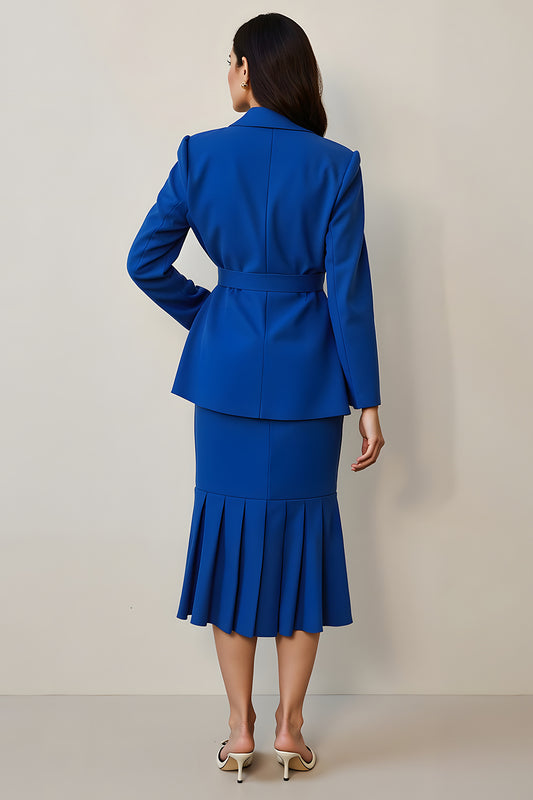 Royal Blue 2 Piece Notched Lapel Long Sleeves Midi Pencil Business Suits
