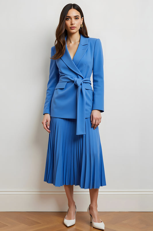 Blue 2 Piece Peak Lapel Long Sleeves Midi Pleated Business Suits