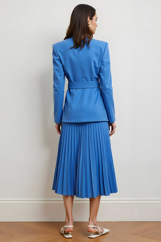 Blue 2 Piece Peak Lapel Long Sleeves Midi Pleated Business Suits