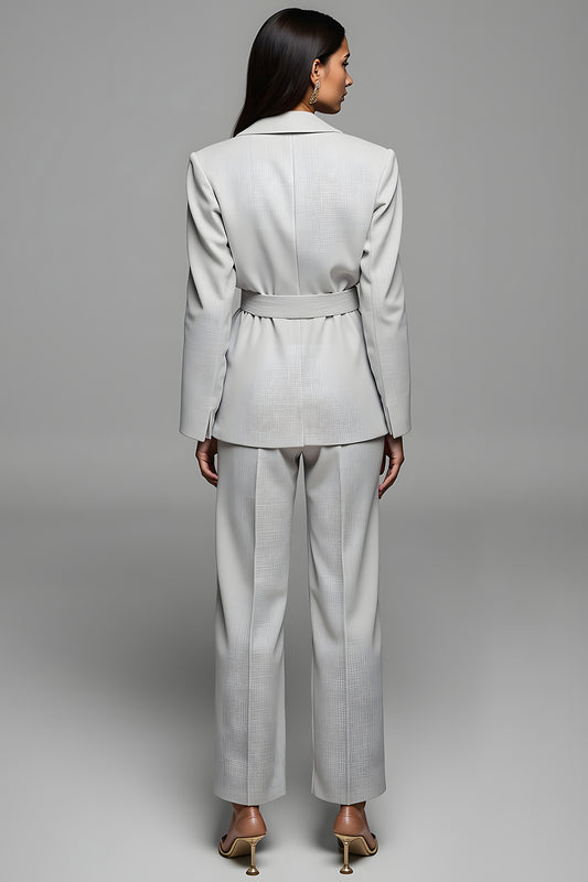 Grey 2 Piece Notched Lapel Long Sleeves Business Suits with Belt