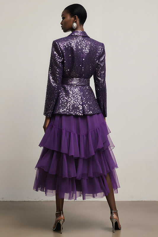 Sparkly Dark Purpke Sequin 2 Piece Notched Lapel Long Sleeves Prom Suits