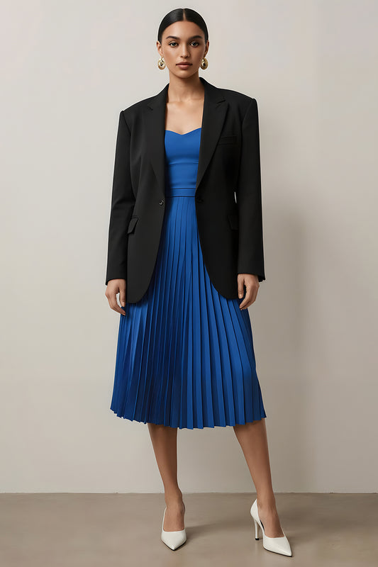 Black and Blue 2 Piece Notched Lapel Long Sleeves Pleated Midi Business Suits