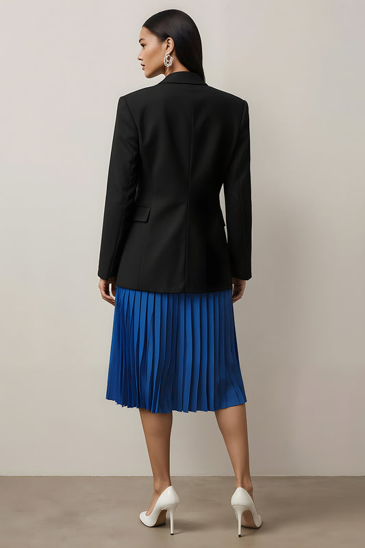 Black and Blue 2 Piece Notched Lapel Long Sleeves Pleated Midi Business Suits