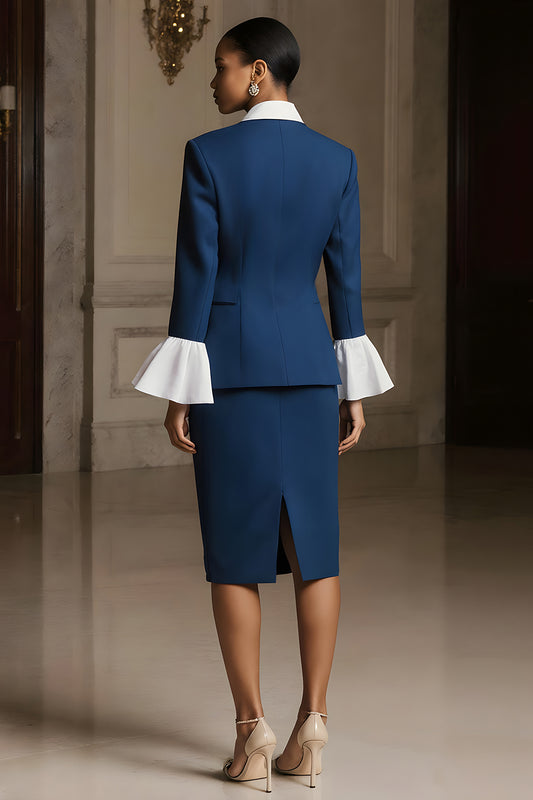 Navy Peak Lapel 3 Piece Long Sleeves Pencil Midi Business Suits