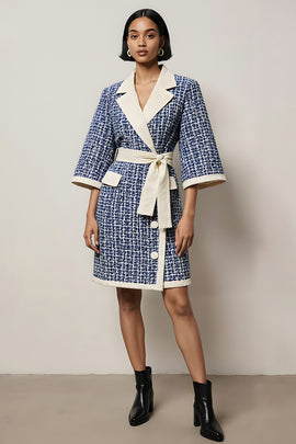 Blue Notched Lapel Pencil Tweed Long Sleeves Short Work Dress with Sash