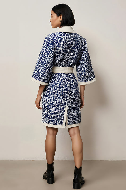 Blue Notched Lapel Pencil Tweed Long Sleeves Short Work Dress with Sash