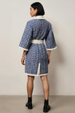 Blue Notched Lapel Pencil Tweed Long Sleeves Short Work Dress with Sash Blue Notched Lapel Pencil Tweed Long Sleeves Short Work Dress with Sash