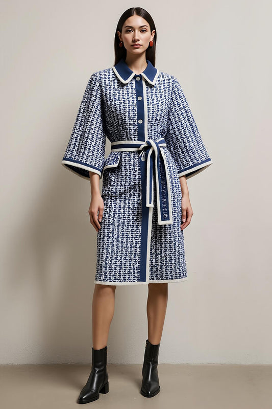 Blue Pencil Tweed Collar Neck Long Sleeves Midi Work Dress