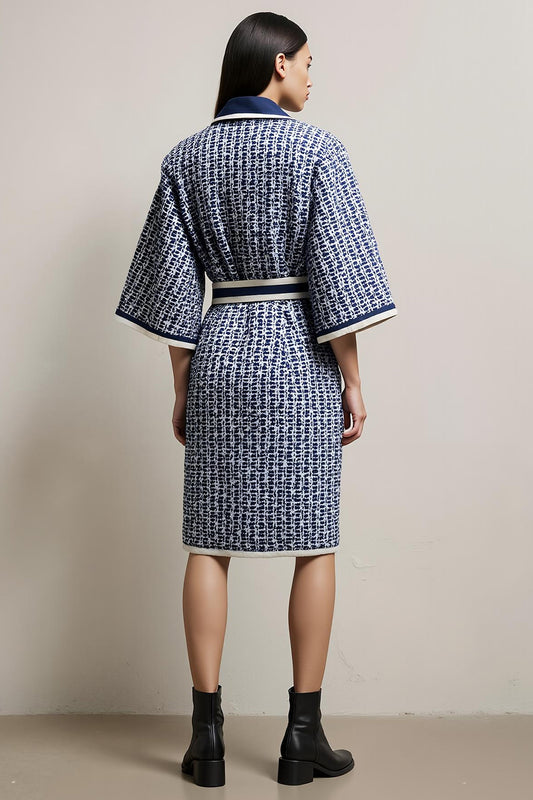 Blue Pencil Tweed Collar Neck Long Sleeves Midi Work Dress