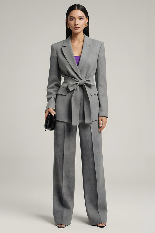 Grey Notched Lapel Long Sleeves Business Suits with Belt
