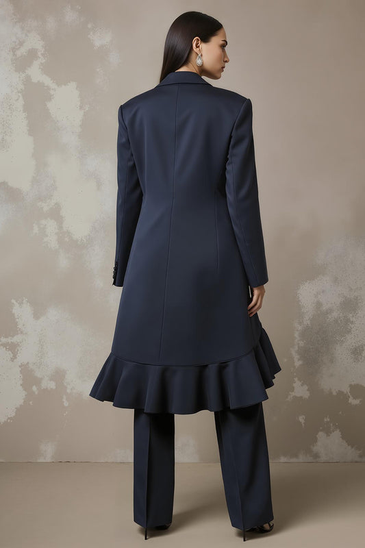 Navy Notched Lapel 2 Piece Long Sleeves Business Suits with Ruffles