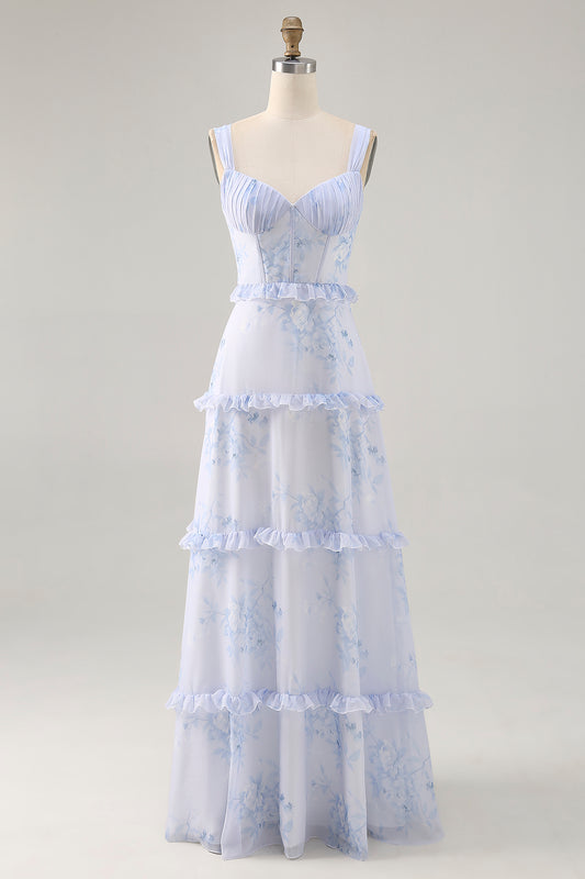Blue Floral Chiffon Corset Long Wedding Guest Dress with Ruffles