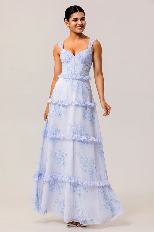 Blue Corset Floral Chiffon Long Wedding Guest Dress with Ruffles