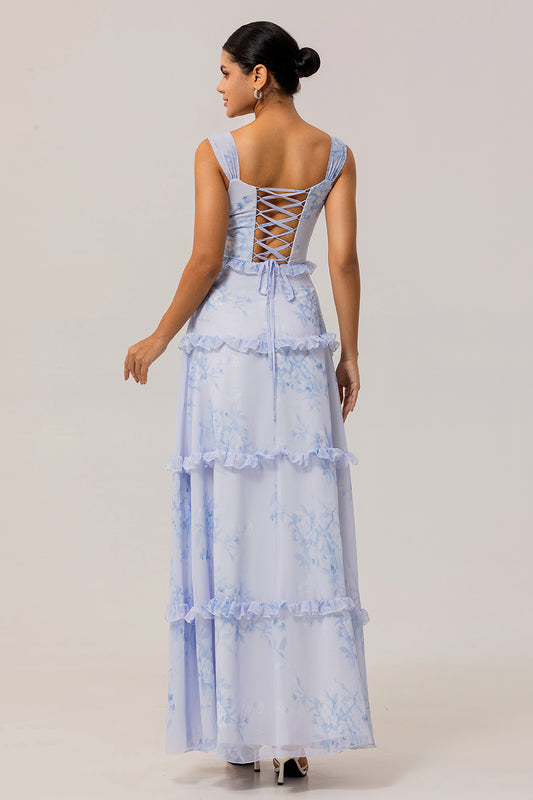 Blue Corset Floral Chiffon Long Wedding Guest Dress with Ruffles