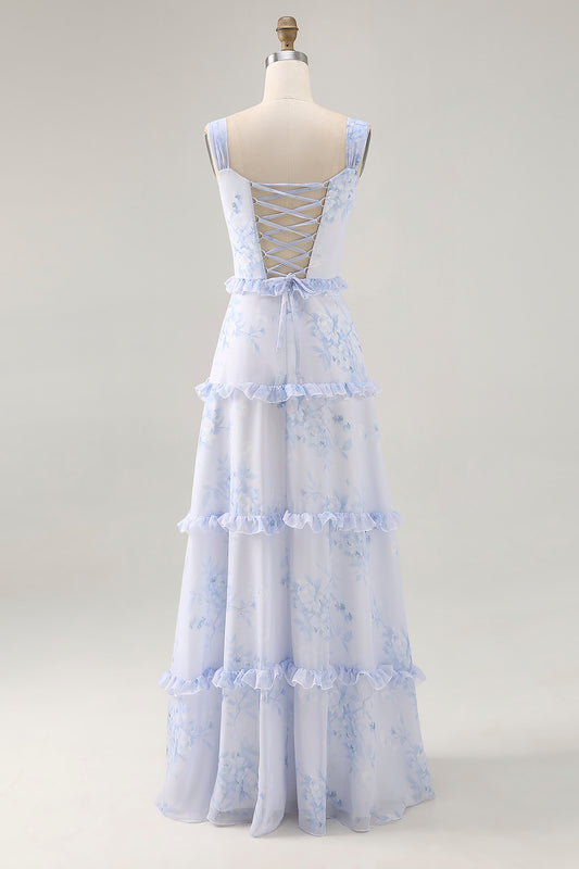 Blue Floral Chiffon Corset Long Wedding Guest Dress with Ruffles
