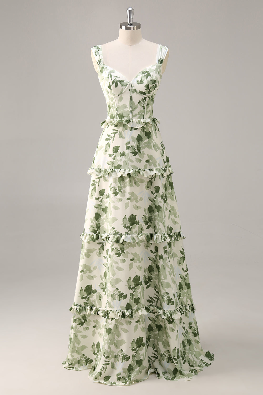Zapakasa Women Green Floral Long Wedding Guest Dress with Ruffles Corset Satin A Line Straps Lace Up Back Bridesmaid Dress Zapakasa Women Green Floral Long Wedding Guest Dress with Ruffles Corset Satin A Line Straps Lace Up Back Bridesmaid Dress