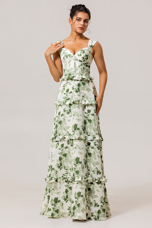 Zapaka Green Floral Long Corset Wedding Guest Dress with Ruffles Satin Straps Lace Up Back A Line Bridesmaid Dress