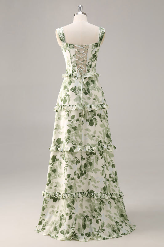 Green Floral Corset Satin Long Wedding Guest Dress with Ruffles