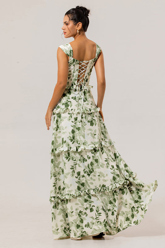 Green Floral A Line Corset Long Wedding Guest Dress with Ruffles