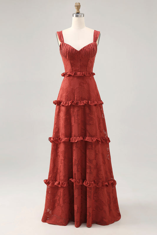 Terracotta Lace Corset Long Wedding Guest Dress with Ruffles