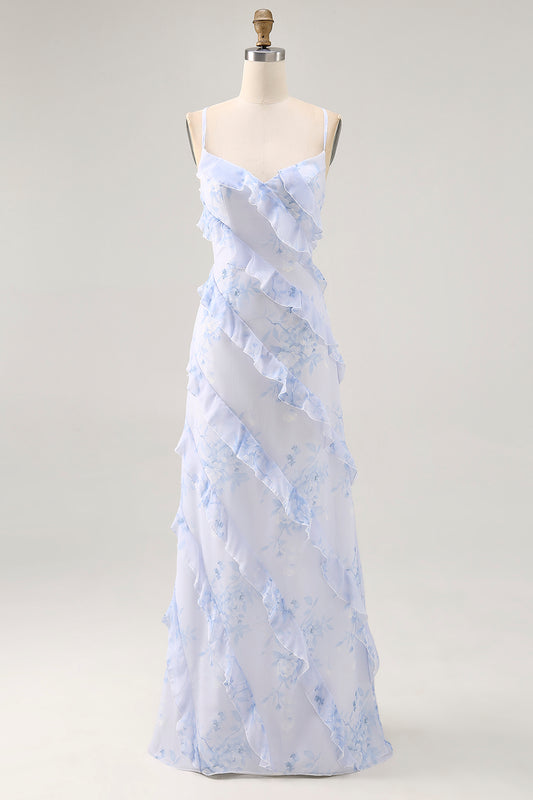 Blue Floral Chiffon Spaghetti Straps Long Wedding Guest Dress with Ruffles