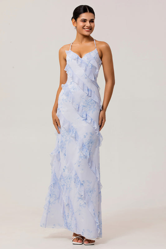 Blue Floral Spaghetti Straps Chiffon Long Wedding Guest Dress with Ruffles