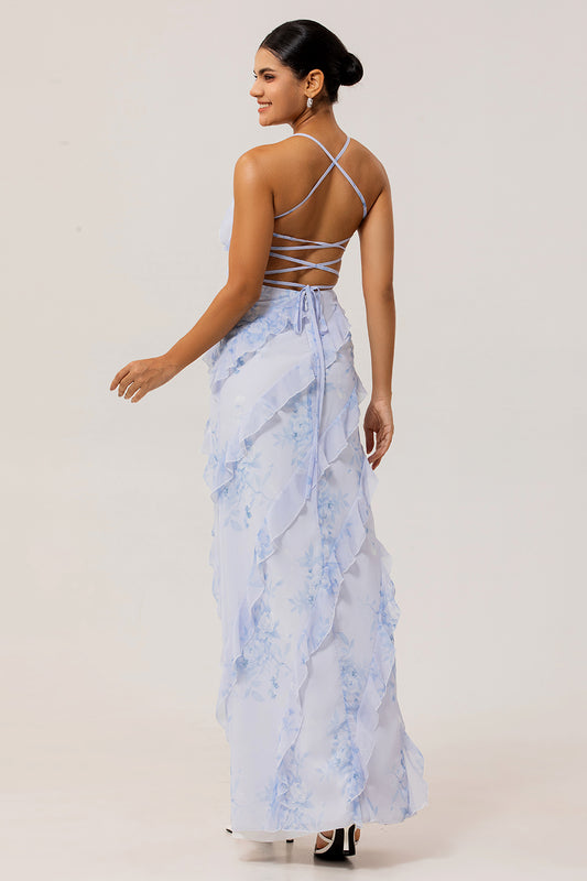 Blue Floral Spaghetti Straps Chiffon Long Wedding Guest Dress with Ruffles