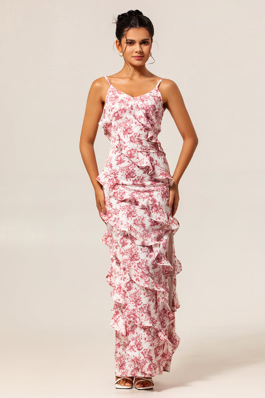 Blush Ruffled Flower Sheath Long Wedding Guest Dress with Slit