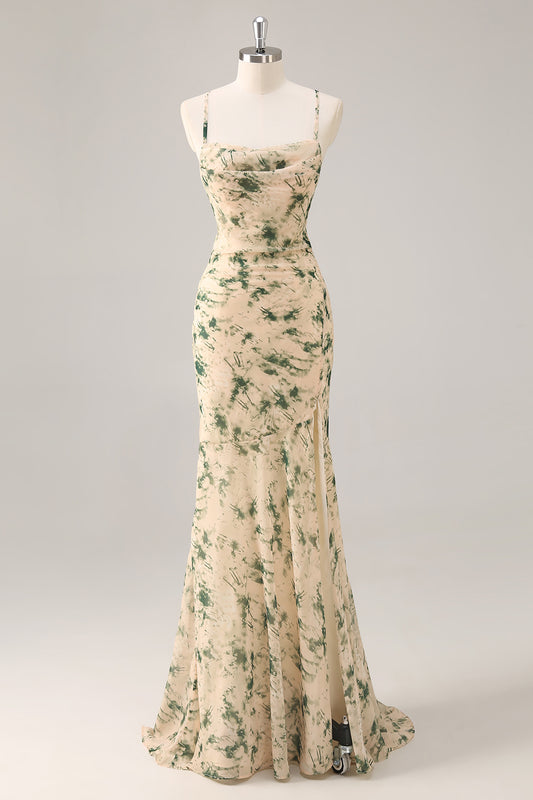 Zapakasa Women Champagne Floral Long Wedding Guest Dress with Slit Mermaid Ruched Criss Crossed Back Spaghetti Straps Bridesmaid Dress