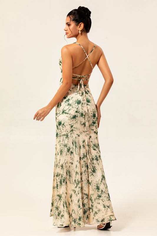 Champagne Floral Mermaid Long Ruched Wedding Guest Dress with Slit