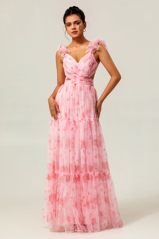 Blush Floral V-Neck Chiffon Long Wedding Guest Dress