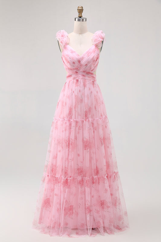 Blush Floral V-Neck Chiffon A-Line Long Wedding Guest Dress